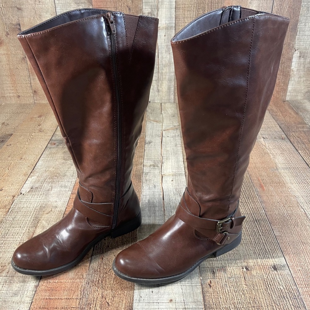 Style & Co Elenorr Brown Knee High Riding Boots Women's 8M Wide Calf Buckle
